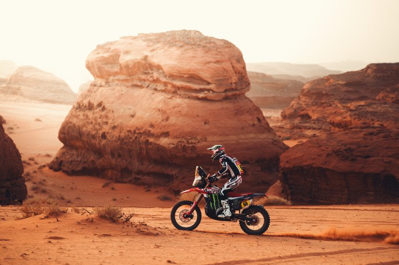 Tosha Schareina takes the overall Dakar Rally lead as Monster Energy Honda HRC locks out the podium on a brutal opening leg of the marathon stage.
